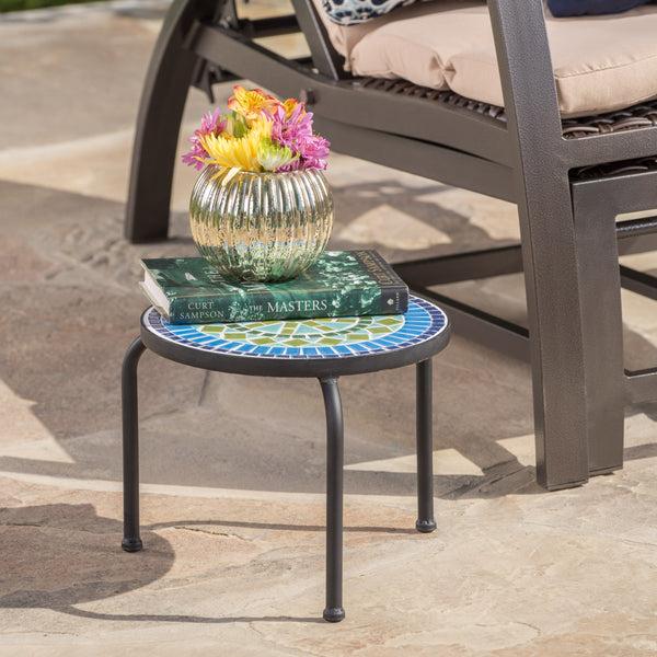 Gdf Studio Isildur Outdoor Blue & Green Ceramic Tile Iron Frame Side Table