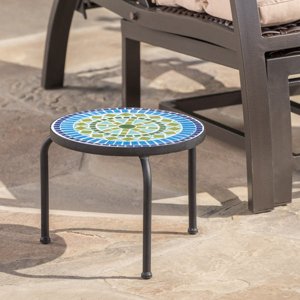 Gdf Studio Isildur Outdoor Blue & Green Ceramic Tile Iron Frame Side Table