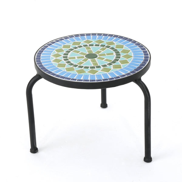 gdf studio Isildur Outdoor Blue & Green Ceramic Tile Iron Frame Side Table