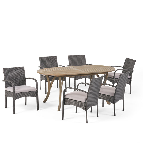 Gdf Studio Isla Outdoor 7 Piece Wood And Wicker Dining Set Gray Finish And Gray