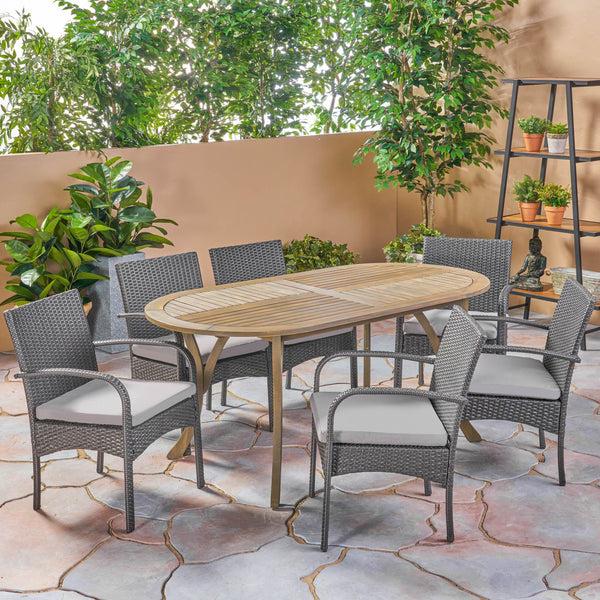 Gdf Studio Isla Outdoor 7 Piece Wood And Wicker Dining Set Gray Finish And Gray