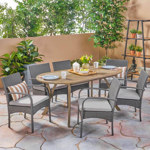 gdf studio Isla Outdoor 7 Piece Wood and Wicker Dining Set Gray Finish and Gray