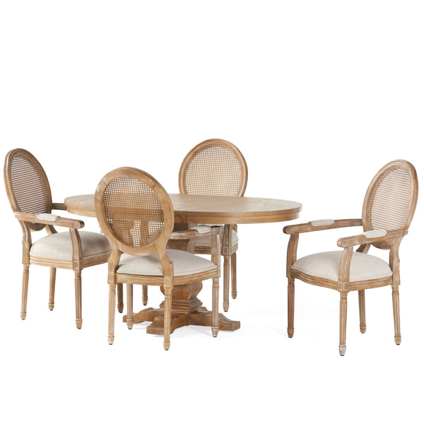 Gdf Studio Ismay French Country Wood And Cane 5-Piece Expandable Oval Dining Set