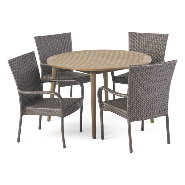 gdf studio Ivey Outdoor 5 Piece Wood and Wicker Dining Set