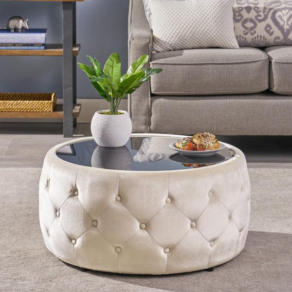 Gdf Studio Ivy Glam Velvet And Tempered Glass Coffee Table Ottoman