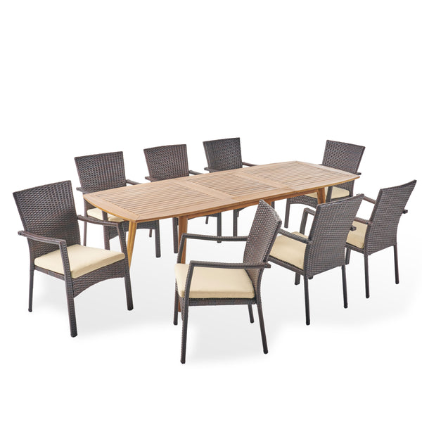 gdf studio Jabari Outdoor Wood and Wicker Expandable 8 Seater Dining Set
