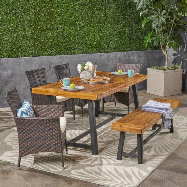 Gdf Studio Jack Outdoor 6 Piece Dining Set With Stacking Wicker Chairs And Bench Sandblast Teak And Black And Multi Brown