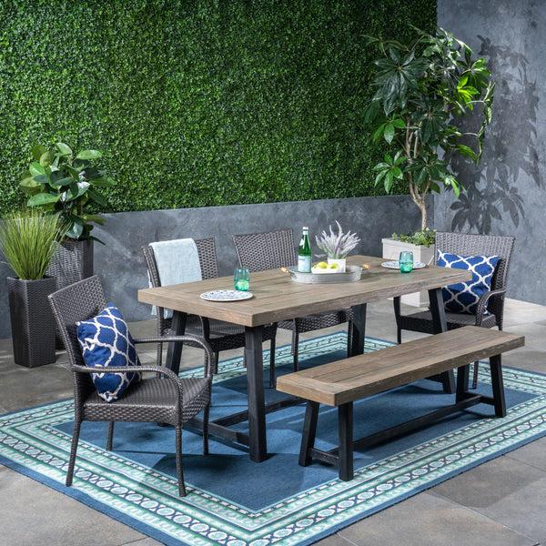 Gdf Studio Jack Outdoor 6 Piece Dining Set With Stacking Wicker Chairs And Bench