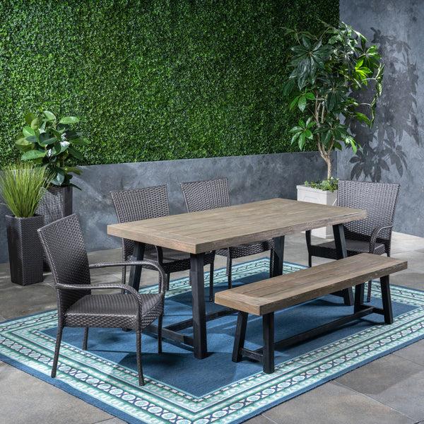 Gdf Studio Jack Outdoor 6 Piece Dining Set With Stacking Wicker Chairs And Bench