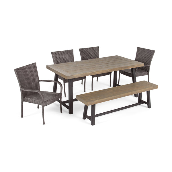 gdf studio Jack Outdoor 6 Piece Dining Set with Stacking Wicker Chairs and Bench