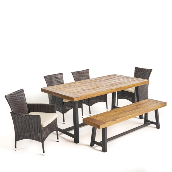 gdf studio Jack Outdoor 6 Piece Dining Set with Stacking Wicker Chairs and Bench Sandblast Teak and Black and Multi Brown