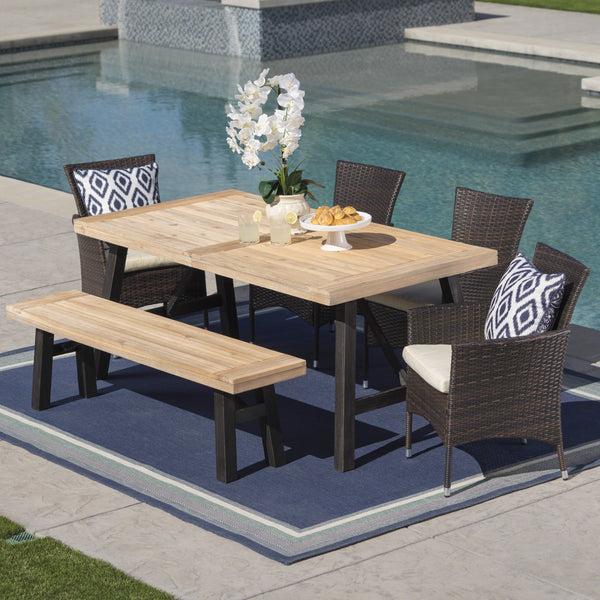 Gdf Studio Jacks Outdoor 6 Piece Acacia Wood Dining Set With Wicker Dining Chairs