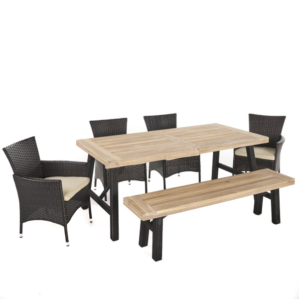 gdf studio Jacks Outdoor 6 Piece Acacia Wood Dining Set with Wicker Dining Chairs