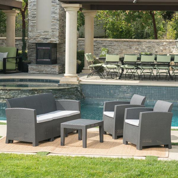 Gdf Studio Jacob Outdoor 4 Piece Charcoal Faux Wicker Rattan Style Chat Set
