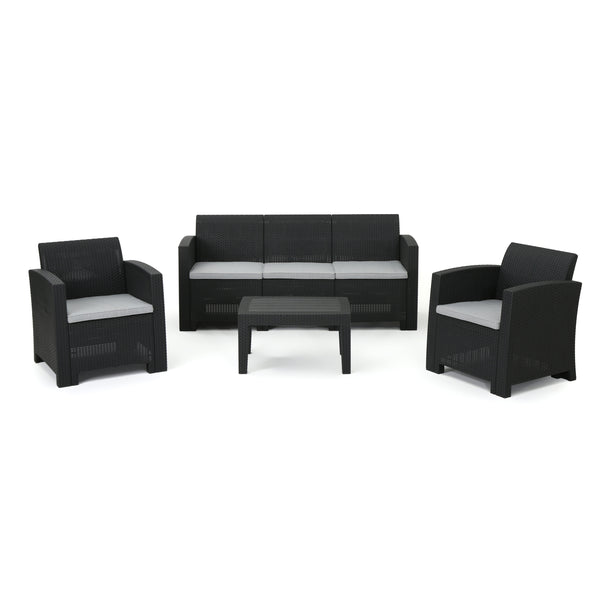 Gdf Studio Jacob Outdoor 4 Piece Charcoal Faux Wicker Rattan Style Chat Set