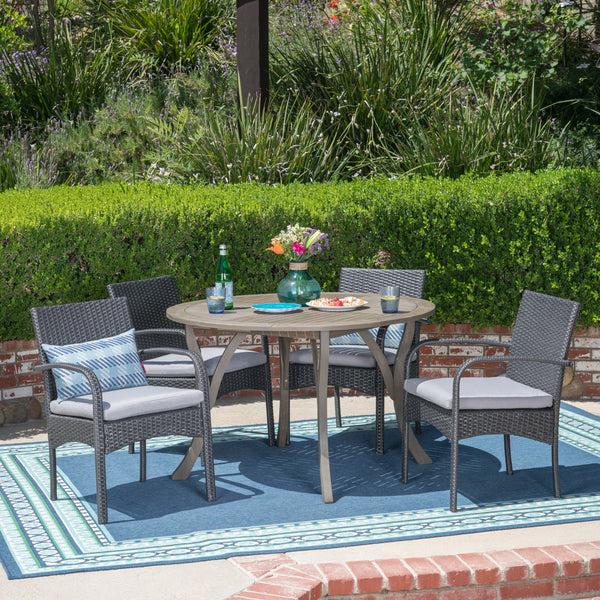 Gdf Studio Jaden Outdoor 5 Piece Acacia Wood And Wicker Dining Set