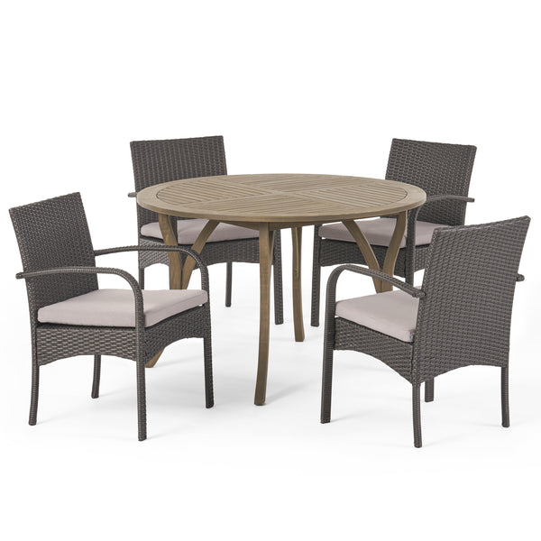gdf studio Jaden Outdoor 5 Piece Acacia Wood and Wicker Dining Set