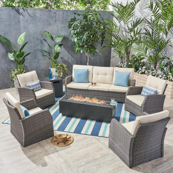 Gdf Studio Jake Outdoor 7 Seater Wicker Chat Set With An Iron Fire Pit Gray And Dark Gray