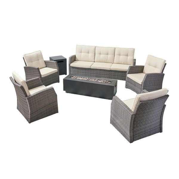 gdf studio Jake Outdoor 7 Seater Wicker Chat Set with an Iron Fire Pit Gray and Dark Gray