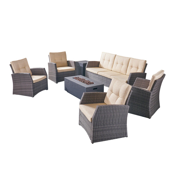 Gdf Studio Jake Outdoor 7 Seater Wicker Chat Set With Light Weight Concrete Fire Pit Gray And Dark Gray