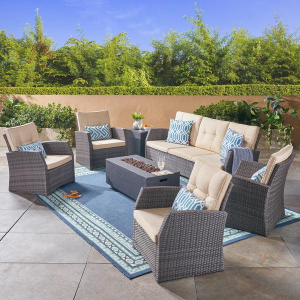 gdf studio Jake Outdoor 7 Seater Wicker Chat Set with Light Weight Concrete Fire Pit Gray and Dark Gray