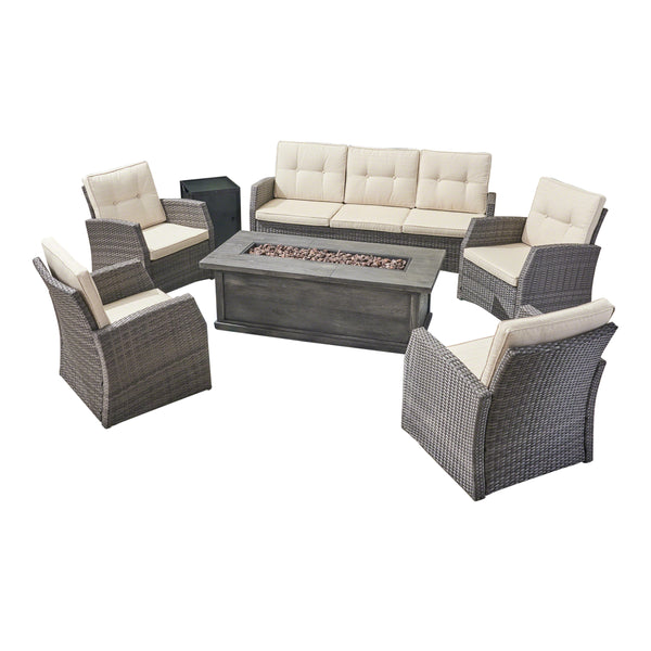 Gdf Studio Jake Outdoor 7 Seater Wicker Chat Set With Wood Finished Fire Pit Gray And Gray