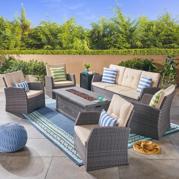 gdf studio Jake Outdoor 7 Seater Wicker Chat Set with Wood Finished Fire Pit Gray and Gray