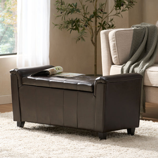 Gdf Studio James Brown Tufted Leather Armed Storage Ottoman Bench