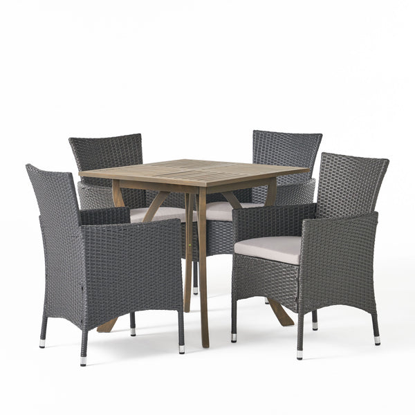 Gdf Studio James Outdoor 5 Piece Wood And Wicker Square Dining Set Gray And Gray