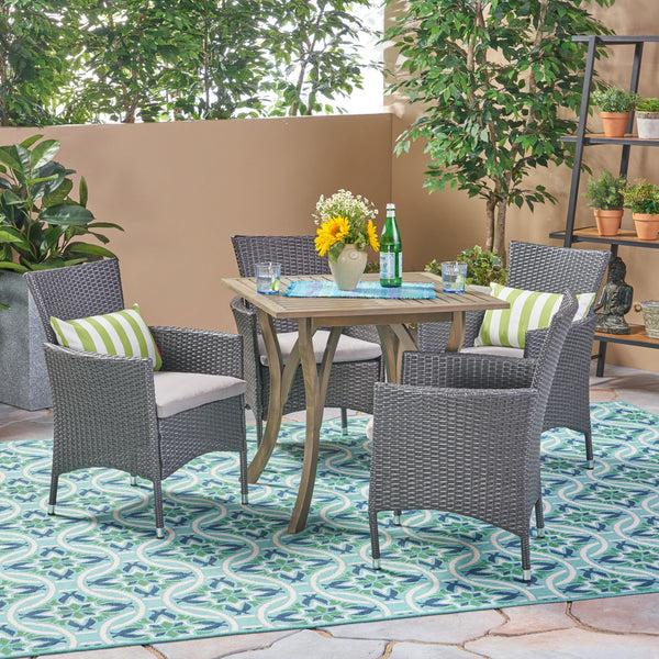 gdf studio James Outdoor 5 Piece Wood and Wicker Square Dining Set Gray and Gray