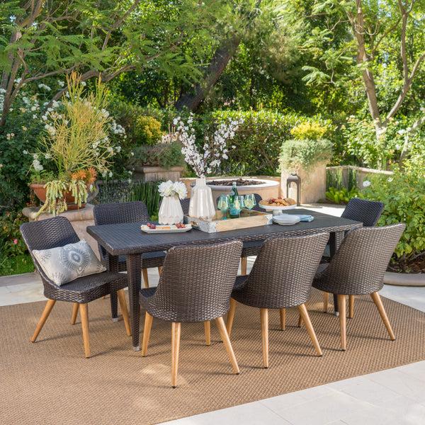 Gdf Studio Jamey Outdoor 9 Piece Multi-brown Wicker Dining Set With Wood Finished Metal Leg
