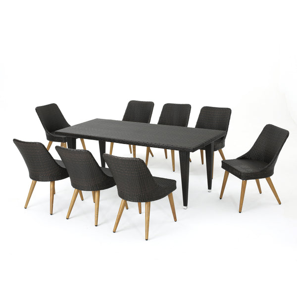 gdf studio Jamey Outdoor 9 Piece Multi-brown Wicker Dining Set with Wood Finished Metal Leg