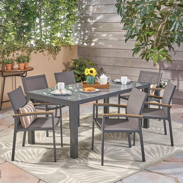 Gdf Studio Jamie Outdoor Aluminum And Mesh 7 Piece Dining Set With Glass Table Top