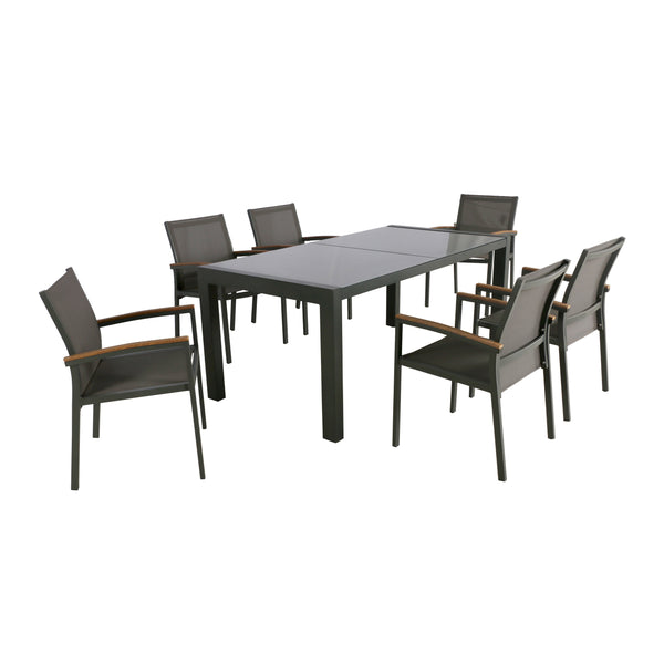 gdf studio Jamie Outdoor Aluminum and Mesh 7 Piece Dining Set with Glass Table Top