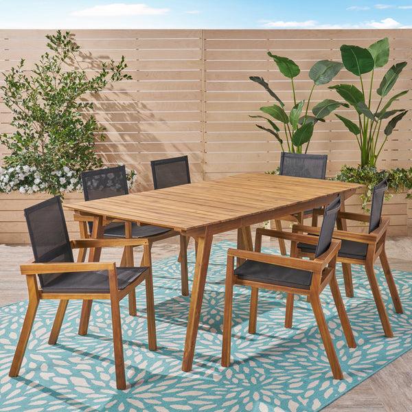 Gdf Studio Janely Outdoor Acacia Wood 7 Piece Dining Set With Mesh Seats