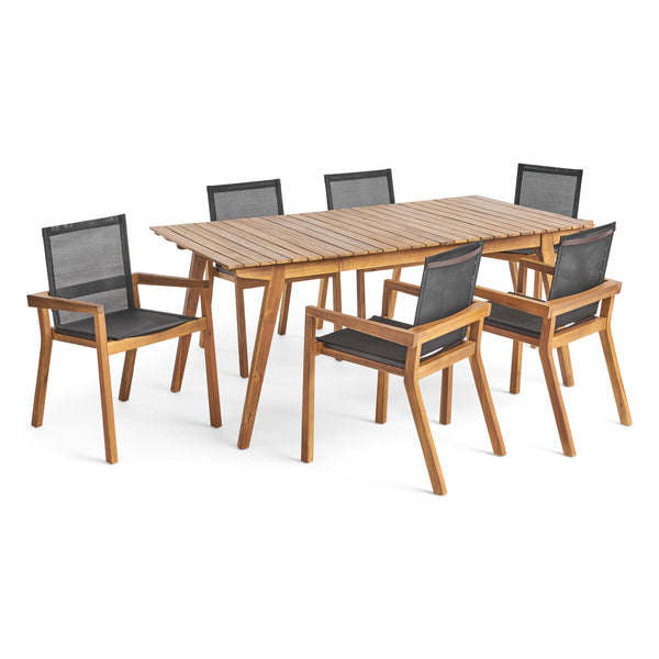 gdf studio Janely Outdoor Acacia Wood 7 Piece Dining Set with Mesh Seats