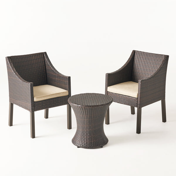 gdf studio Janet Outdoor 3 Piece Wicker Chat Set Multibrown with Beige Cushions