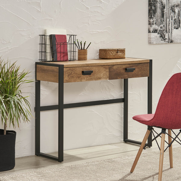 Gdf Studio Jarvi Modern Industrial Handcrafted Mango Wood Desk With Drawers Natural And Black