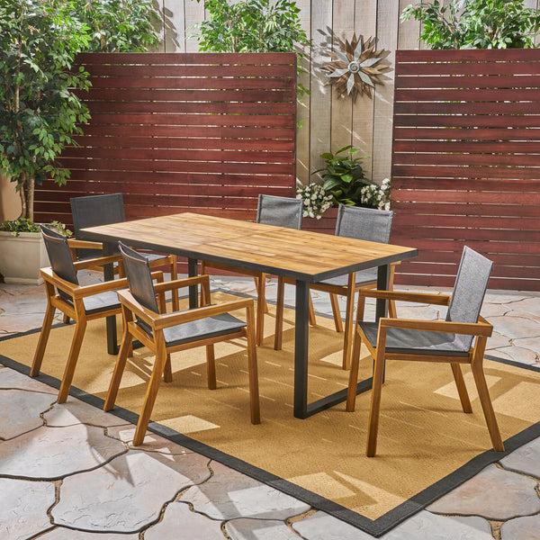 Gdf Studio Jasmine Outdoor Acacia Wood 7 Piece Dining Set With Mesh Seats