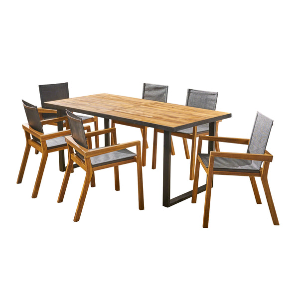gdf studio Jasmine Outdoor Acacia Wood 7 Piece Dining Set with Mesh Seats