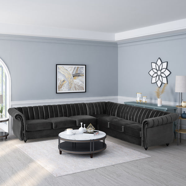 Gdf Studio Jenera Modern Glam Velvet Channel Stitch Sectional Sofa Set