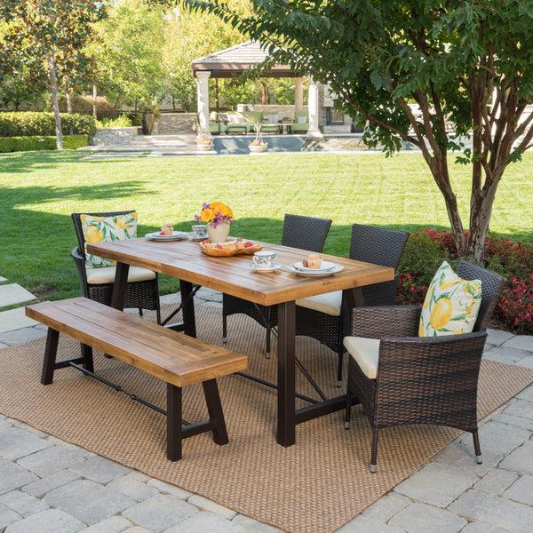 Gdf Studio Jenine Outdoor 6 Piece Teak Finished Acacia Wood Dining Set With Multi-brown Dining Chairs
