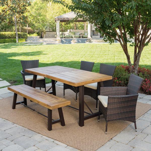 Gdf Studio Jenine Outdoor 6 Piece Teak Finished Acacia Wood Dining Set With Multi-brown Dining Chairs