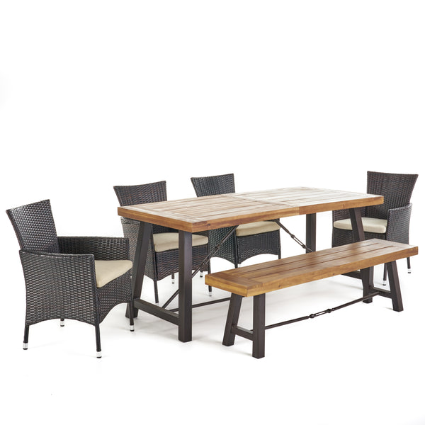 gdf studio Jenine Outdoor 6 Piece Teak Finished Acacia Wood Dining Set with Multi-brown Dining Chairs