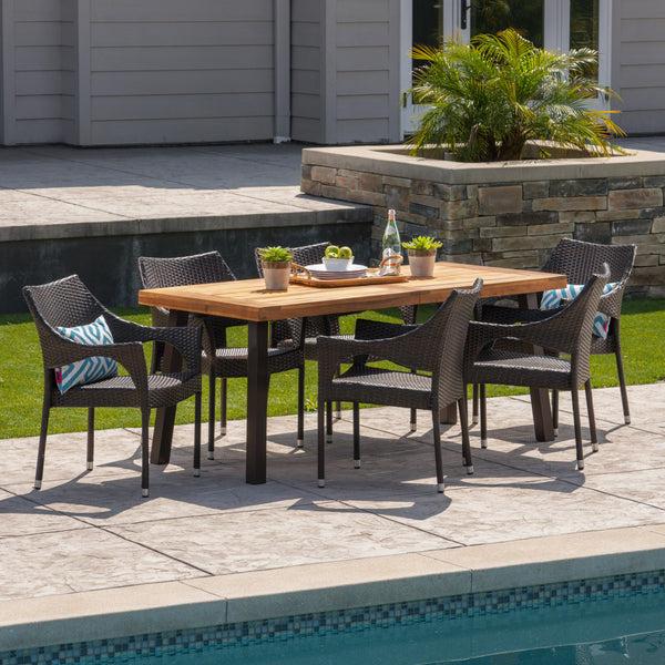 Gdf Studio Jerome Outdoor 7 Piece Acacia Wood/ Wicker Dining Set Teak Finish And Multibrown