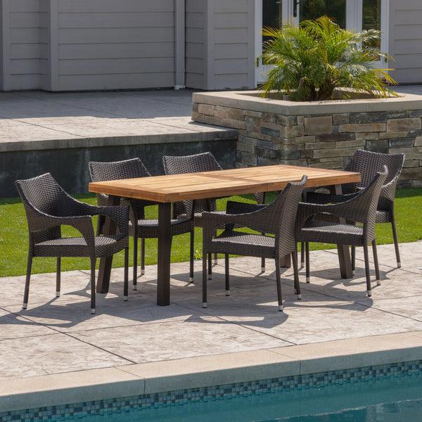 Gdf Studio Jerome Outdoor 7 Piece Acacia Wood/ Wicker Dining Set Teak Finish And Multibrown