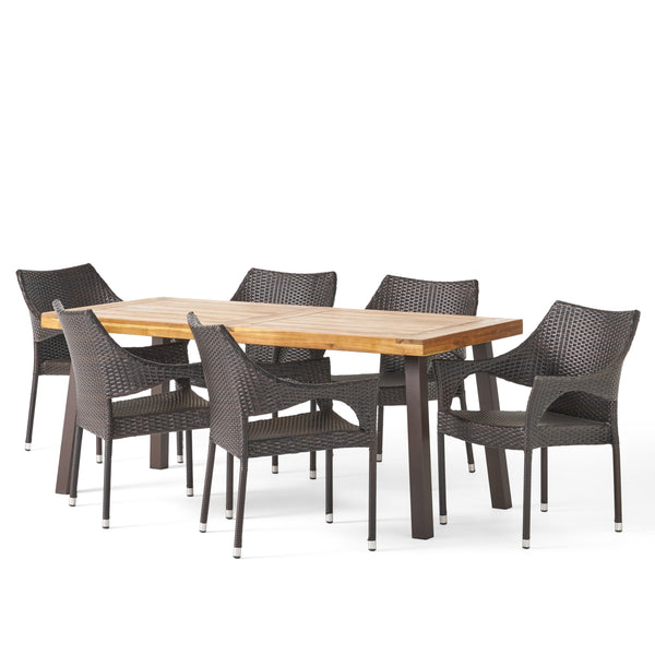 gdf studio Jerome Outdoor 7 Piece Acacia Wood/ Wicker Dining Set Teak Finish and Multibrown
