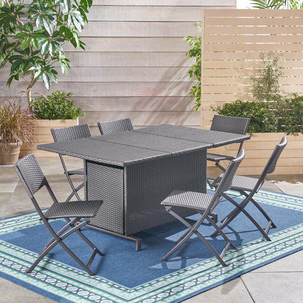 Gdf Studio Jerry Outdoor 7 Piece Foldable Wicker Dining Set