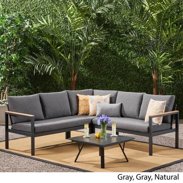 Gdf Studio Jessica Outdoor Aluminum V-Shaped Sofa Set With Faux Wood Accents Gray Finish And Gray