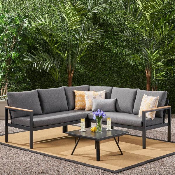 Gdf Studio Jessica Outdoor Aluminum V-Shaped Sofa Set With Faux Wood Accents Gray Finish And Gray